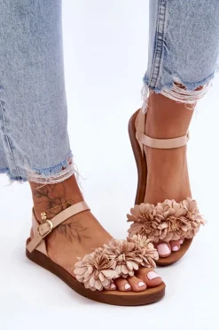 Sale Damskie Sandały Z Materiałowymi Kwiatami Beżowe Fiori Damskie Sandały Płaskie