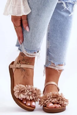 Sale Damskie Sandały Z Materiałowymi Kwiatami Beżowe Fiori Damskie Sandały Płaskie