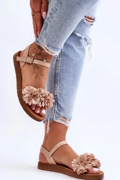 Sale Damskie Sandały Z Materiałowymi Kwiatami Beżowe Fiori Damskie Sandały Płaskie