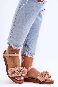 Sale Damskie Sandały Z Materiałowymi Kwiatami Beżowe Fiori Damskie Sandały Płaskie