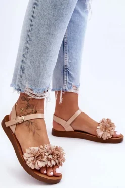 Sale Damskie Sandały Z Materiałowymi Kwiatami Beżowe Fiori Damskie Sandały Płaskie