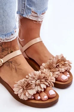 Sale Damskie Sandały Z Materiałowymi Kwiatami Beżowe Fiori Damskie Sandały Płaskie