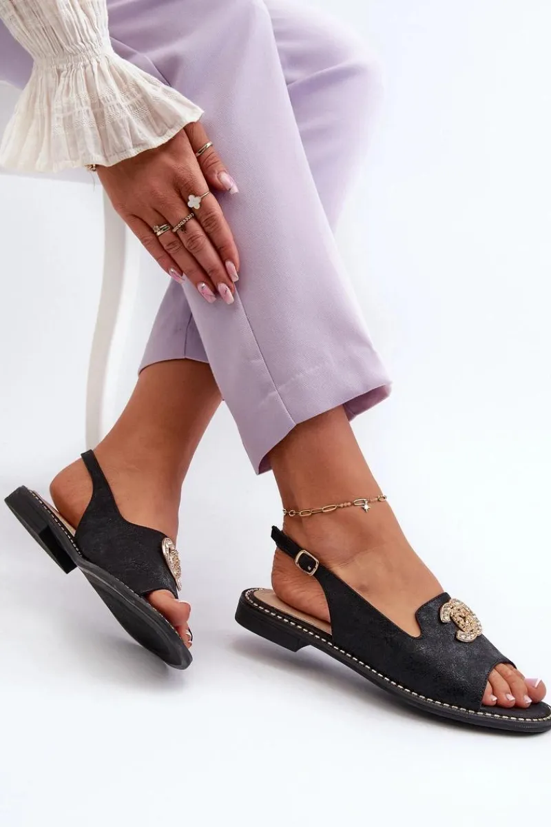 New Damskie buty S.Barski Damskie Sandały Z Ozdobą S.Barski KV27-049 Czarne