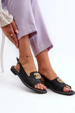 New Damskie buty S.Barski Damskie Sandały Z Ozdobą S.Barski KV27-049 Czarne