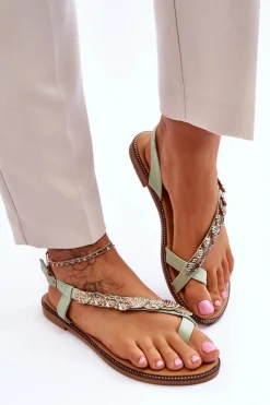 Sale Damskie Sandały Z Ozdobami Na Pasku Zielone Alamis Damskie Sandały Płaskie