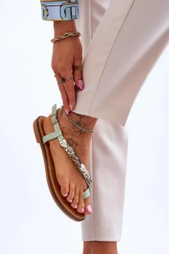 Sale Damskie Sandały Z Ozdobami Na Pasku Zielone Alamis Damskie Sandały Płaskie