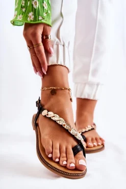 Sale Damskie Sandały Z Ozdobami Na Pasku Czarne Alamis Damskie Sandały Płaskie