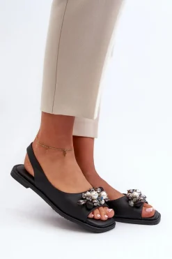 Hot Damskie Sandały Z Ozdobami S.Barski KV27-004 Czarne Damskie Sandały Płaskie