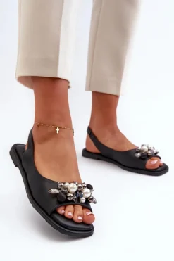 Hot Damskie Sandały Z Ozdobami S.Barski KV27-004 Czarne Damskie Sandały Płaskie