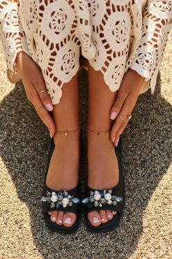 Hot Damskie Sandały Z Ozdobami S.Barski KV27-004 Czarne Damskie Sandały Płaskie