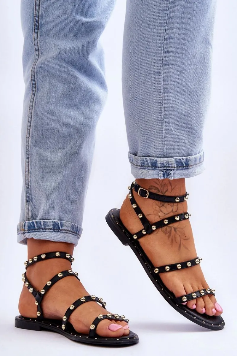 Sandały Płaskie>Boto Damskie Sandały Z Ozdobnymi Ćwiekami Czarne Dorothy