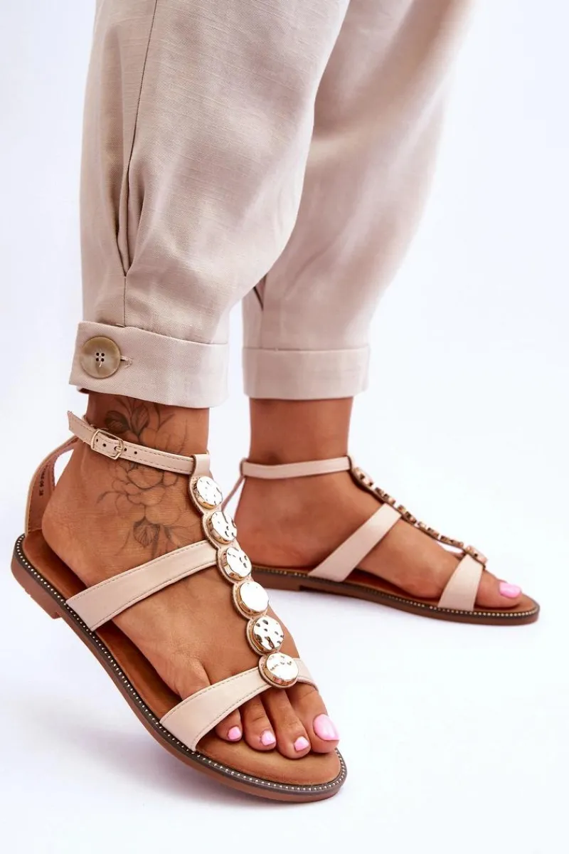 Sandały Płaskie>Boto Damskie Sandały Z Ozdobnym Paskiem Beżowe Rochelle