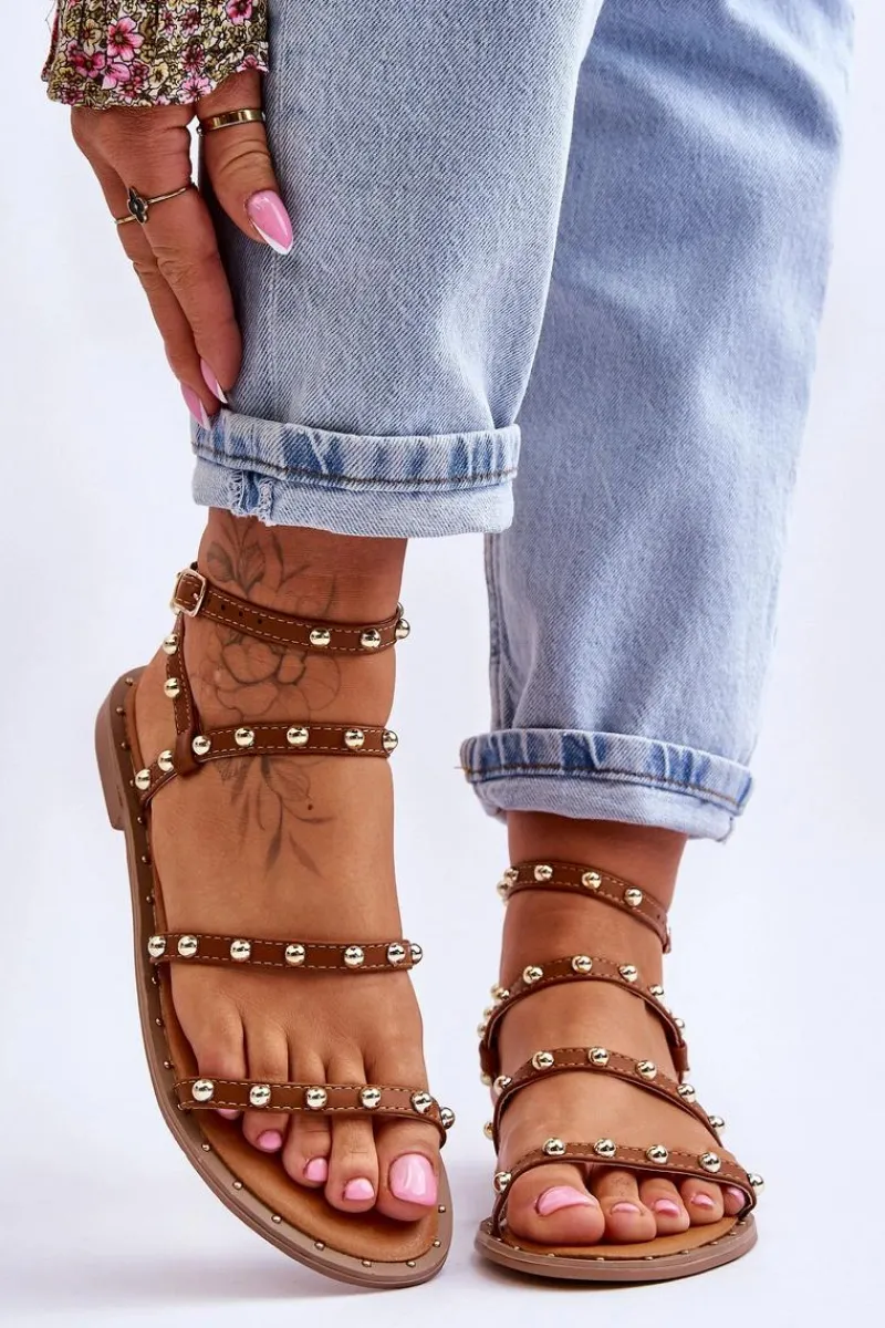 Sandały Płaskie>Boto Damskie Sandały Z Ozdobnymi Ćwiekami Brązowe Dorothy