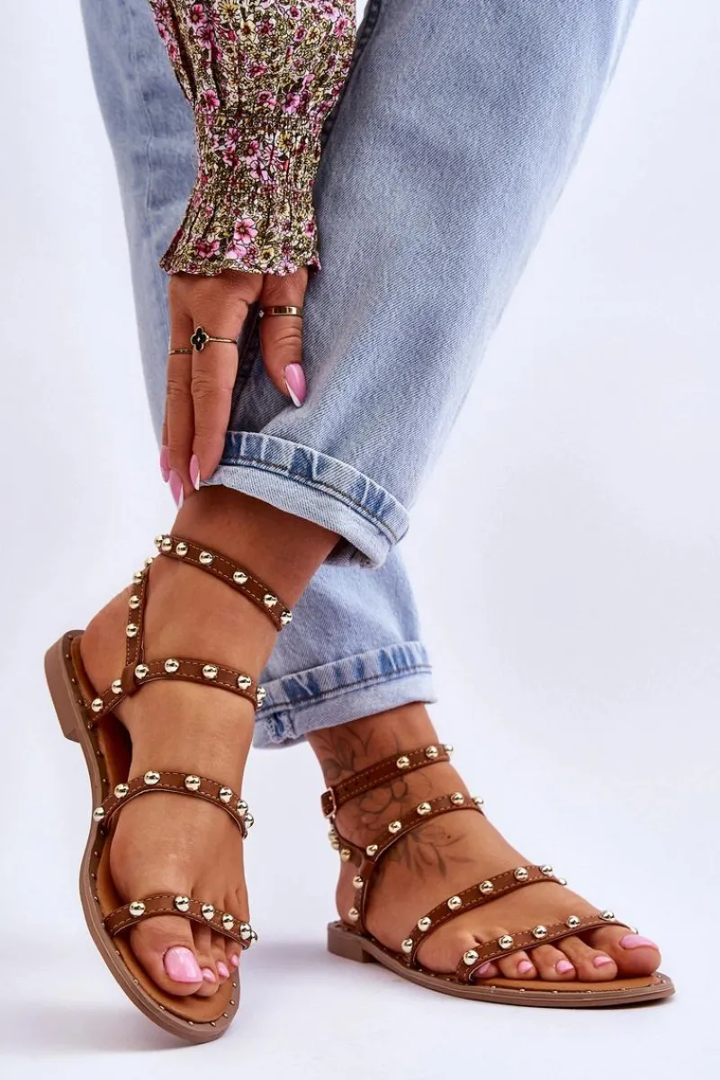 Sandały Płaskie>Boto Damskie Sandały Z Ozdobnymi Ćwiekami Brązowe Dorothy