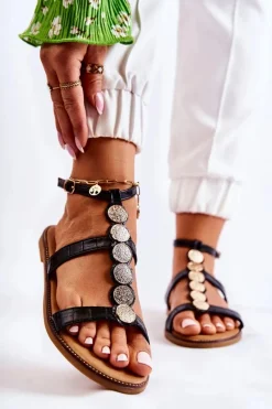 Sandały Płaskie>Boto Damskie Sandały Z Ozdobnym Paskiem Czarne Seila