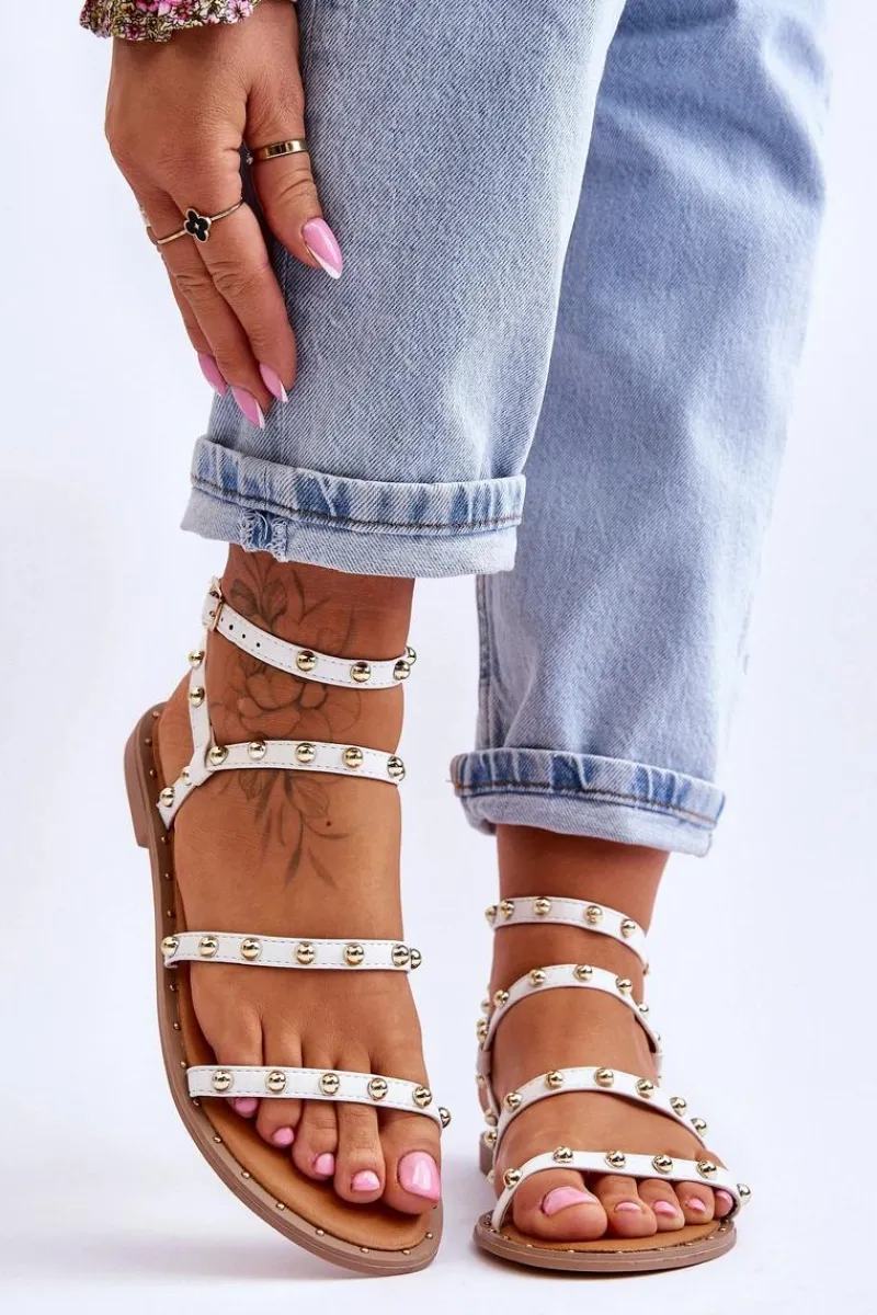 Sandały Płaskie>Boto Damskie Sandały Z Ozdobnymi Ćwiekami Białe Dorothy