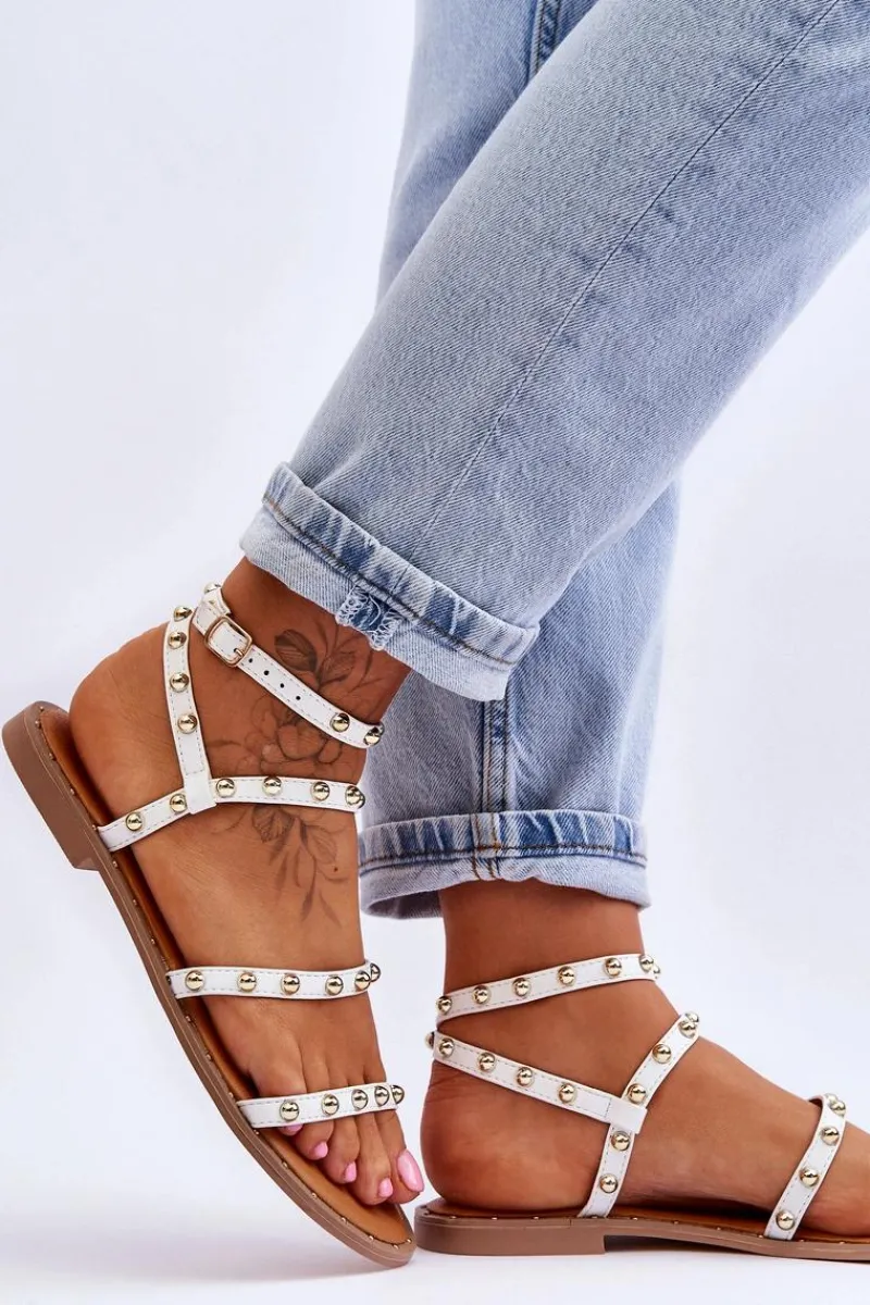 Sandały Płaskie>Boto Damskie Sandały Z Ozdobnymi Ćwiekami Białe Dorothy