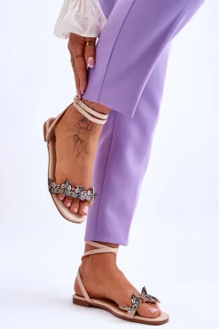 Sandały Płaskie>Boto Damskie Sandały Z Ozdobnymi Motylami Beżowe Jeane Beżowy