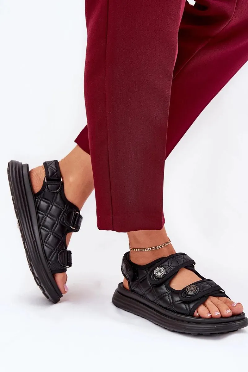 Sandały Płaskie>Boto Damskie Sandały Z Ozdobnymi Detalami Na Rzepy Czarne Zoliner Czarny