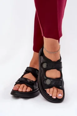 Sandały Płaskie>Boto Damskie Sandały Z Ozdobnymi Detalami Na Rzepy Czarne Zoliner Czarny