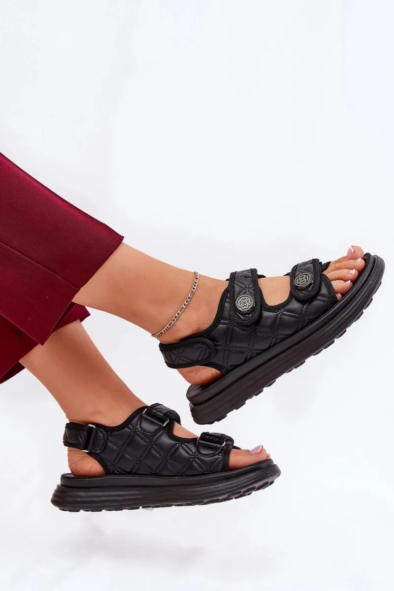 Sandały Płaskie>Boto Damskie Sandały Z Ozdobnymi Detalami Na Rzepy Czarne Zoliner Czarny