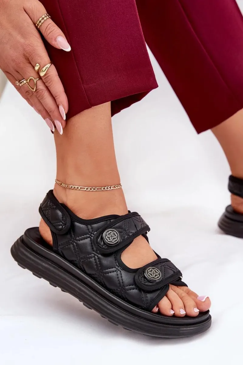 Sandały Płaskie>Boto Damskie Sandały Z Ozdobnymi Detalami Na Rzepy Czarne Zoliner Czarny