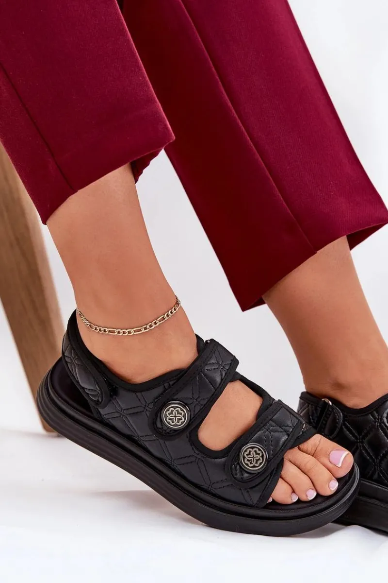 Sandały Płaskie>Boto Damskie Sandały Z Ozdobnymi Detalami Na Rzepy Czarne Zoliner Czarny