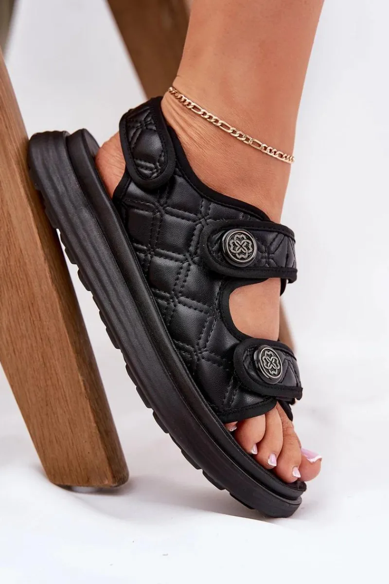 Sandały Płaskie>Boto Damskie Sandały Z Ozdobnymi Detalami Na Rzepy Czarne Zoliner Czarny