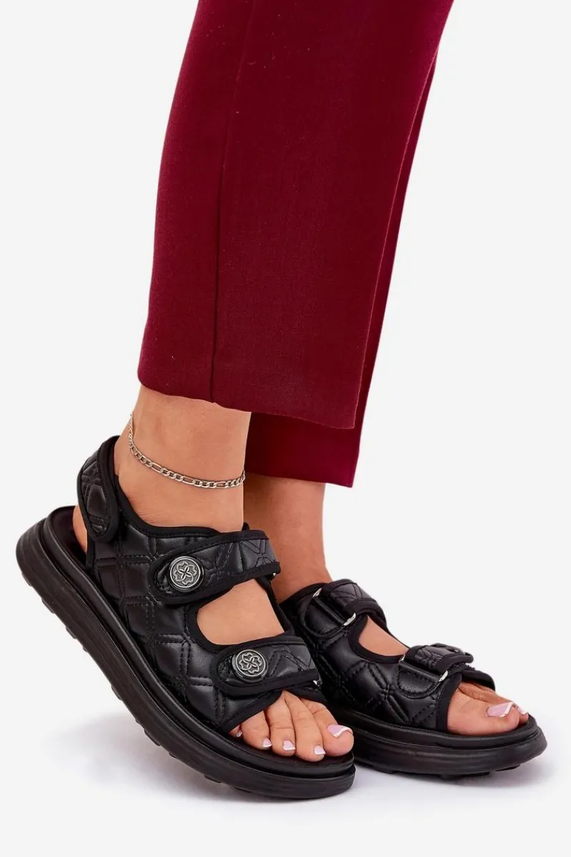 Sandały Płaskie>Boto Damskie Sandały Z Ozdobnymi Detalami Na Rzepy Czarne Zoliner Czarny