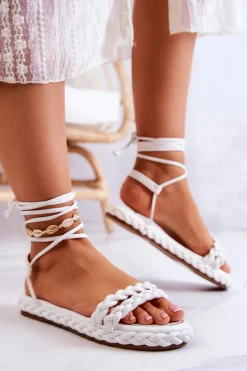 Sandały Płaskie>Boto Damskie Sandały Z Warkoczem Białe Lomess