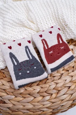 Skarpetki|Skarpetki>Aura.via Damskie Skarpetki Antypoślizgowe Ciepłe Szare ze Słodkimi Kotami