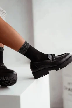 New Milena Damskie Skarpetki Bawełniane Z Lureksowym Ściągaczem Czarne