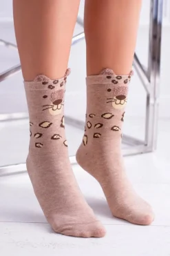 Discount Aura.via Damskie Skarpetki Beżowe Cętki Tygrys z Uszami