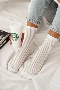 Skarpetki|Skarpetki>Milena Damskie Skarpetki Bezuciskowe W Cienkie Paseczki Ecru