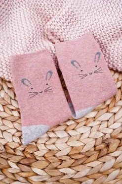 Skarpetki|Skarpetki>Aura.via Damskie Skarpetki Ciepłe Ciemno Różowe z Królikiem