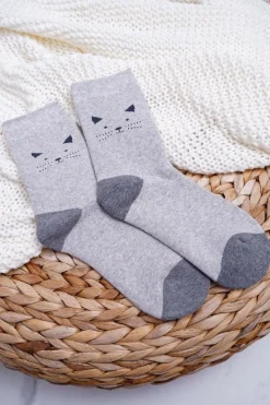 Outlet Damskie Skarpetki Ciepłe Szare z Kotkiem Skarpetki|Skarpetki