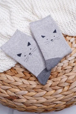 Outlet Damskie Skarpetki Ciepłe Szare z Kotkiem Skarpetki|Skarpetki