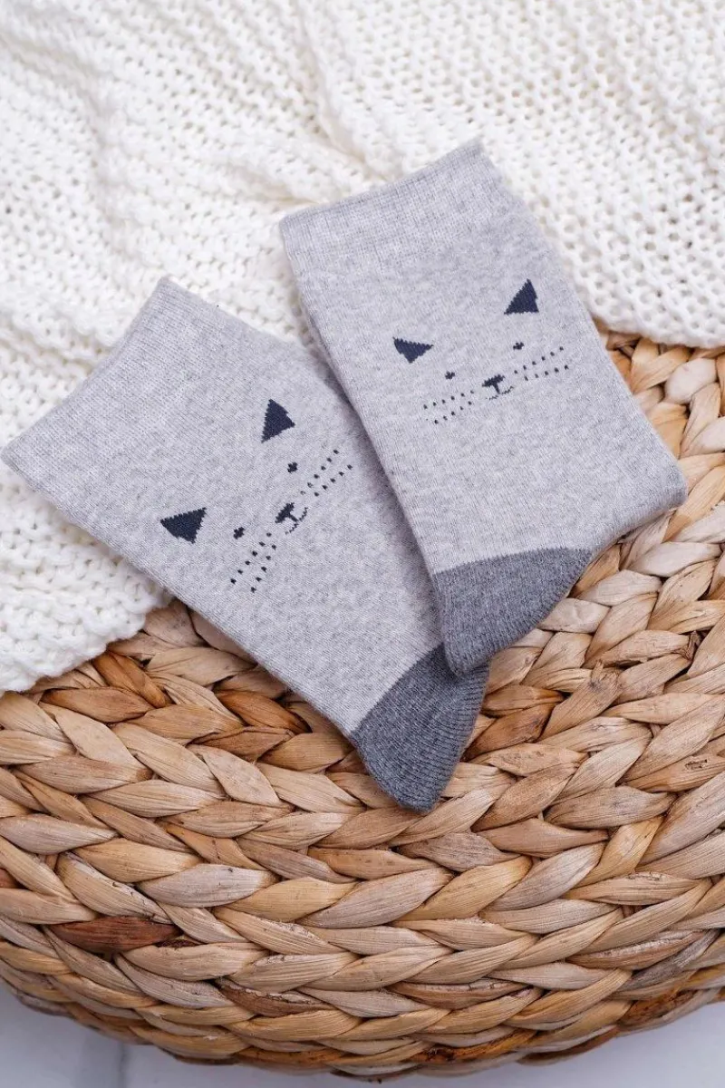 Outlet Damskie Skarpetki Ciepłe Szare z Kotkiem Skarpetki|Skarpetki