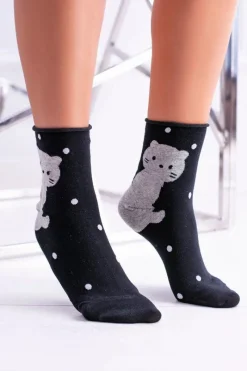 Skarpetki|Skarpetki>Aura.via Damskie Skarpetki Czarne Z Kotkiem