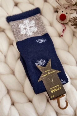 COSAS Damskie Skarpetki Długie Ze Śnieżkami Granatowe