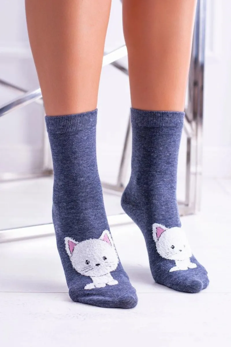 Discount Aura.via Damskie Skarpetki Granatowe z Kotkiem