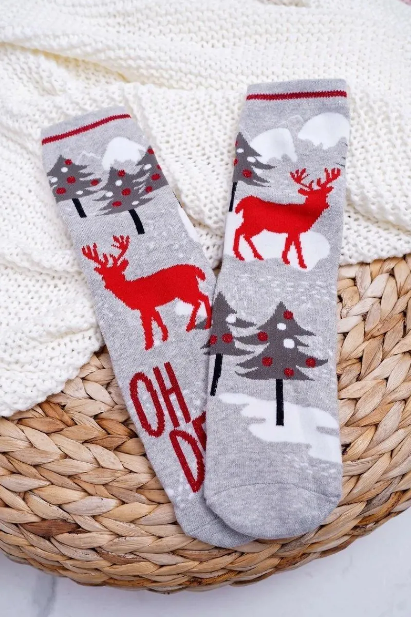 Discount Damskie Skarpetki Świąteczne Antypoślizgowe Szare OH DEER Skarpetki|Skarpetki