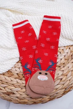 Sale Damskie Skarpetki Świąteczne Antypoślizgowe Czerwone Z Reniferem Skarpetki|Skarpetki
