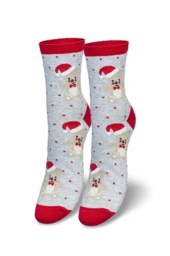 New Milena Damskie Skarpetki Świąteczne Miś W Czapce Mikołaja Szare
