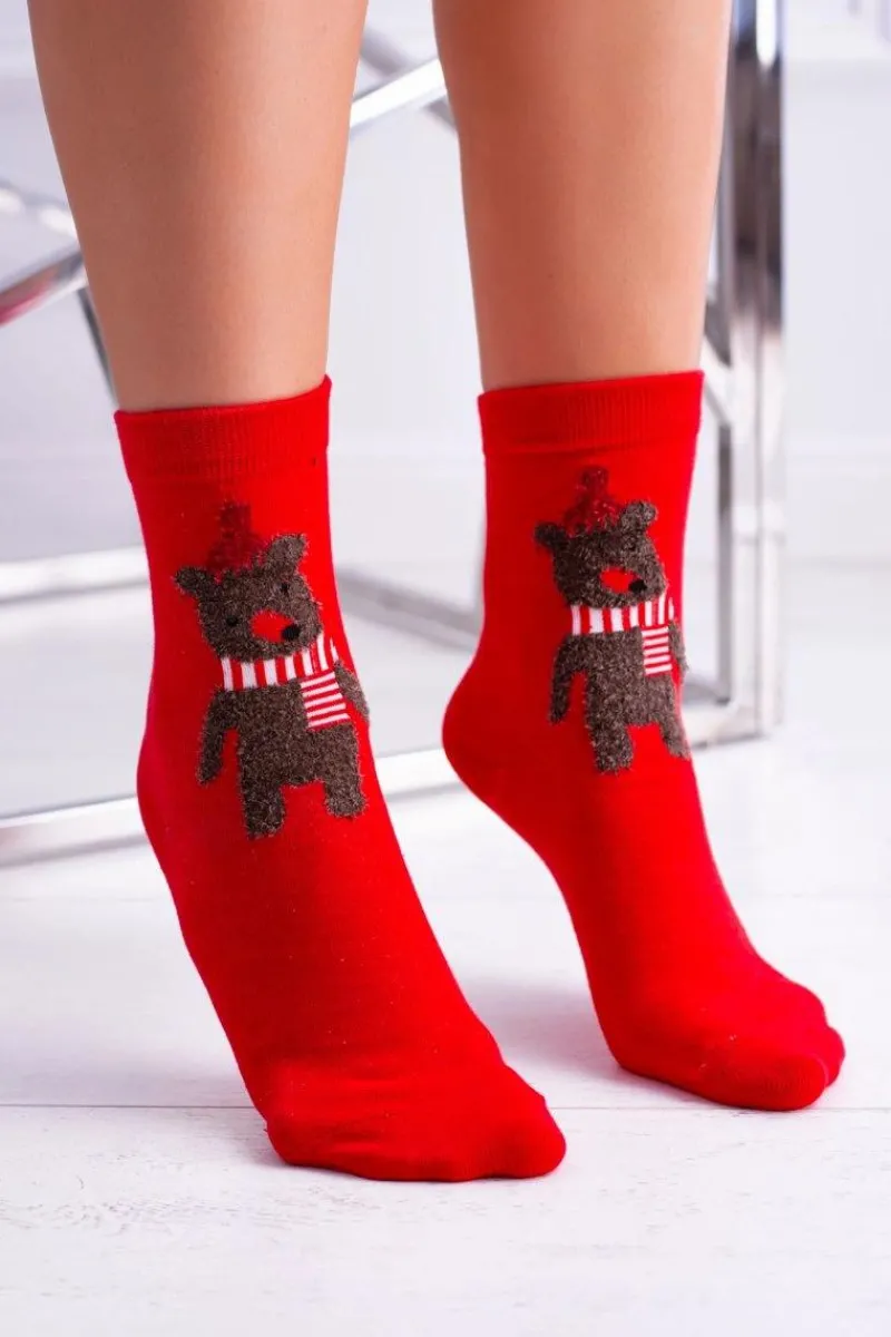 Online Damskie Skarpetki Świąteczne Czerwone Z Misiem Skarpetki|Skarpetki