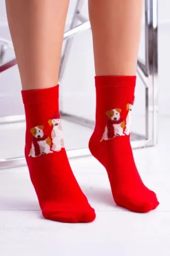 Skarpetki|Skarpetki>Aura.via Damskie Skarpetki Świąteczne Czerwone Pieski