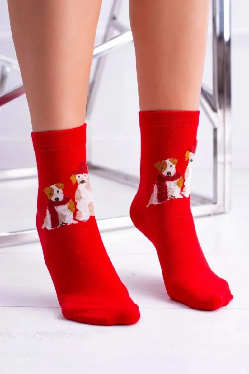 Skarpetki|Skarpetki>Aura.via Damskie Skarpetki Świąteczne Czerwone Pieski