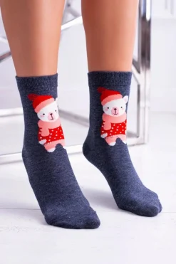 Skarpetki|Skarpetki>Aura.via Damskie Skarpetki Świąteczne Granatowe Z Misiem