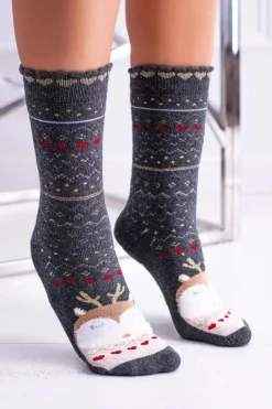 Skarpetki|Skarpetki>Aura.via Damskie Skarpetki Świąteczne Antypoślizgowe Szare Z Reniferem
