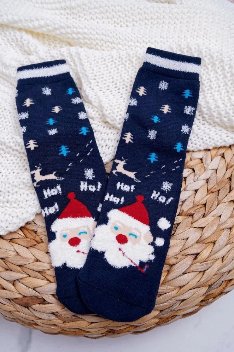 Skarpetki|Skarpetki>Aura.via Damskie Skarpetki Świąteczne Antypoślizgowe Granatowe z Mikołajem